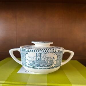 Royal CURRIER & IVES BLUE Ironstone Scene Ctr SUGAR BOWL & LID "Loading Cotton"